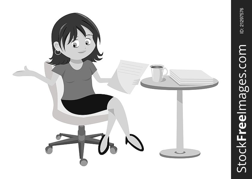 Cartoon grayscale illustration of a Woman Brunette Sitting. Cartoon grayscale illustration of a Woman Brunette Sitting