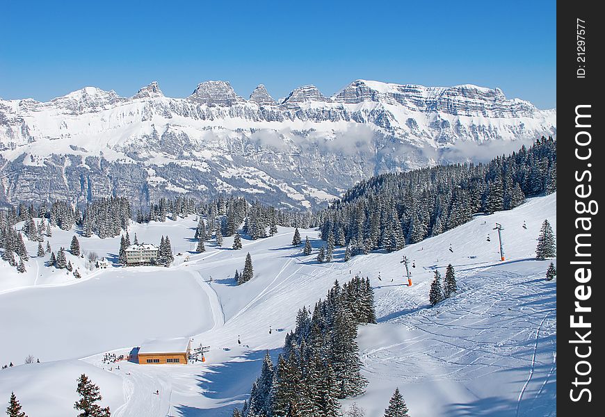 Slope on the skiing resort Flumserberg. Switzerland. Slope on the skiing resort Flumserberg. Switzerland