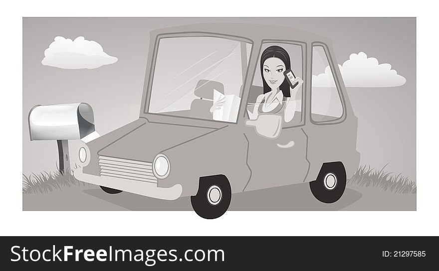 Cartoon grayscale illustration of a Woman texting. Cartoon grayscale illustration of a Woman texting