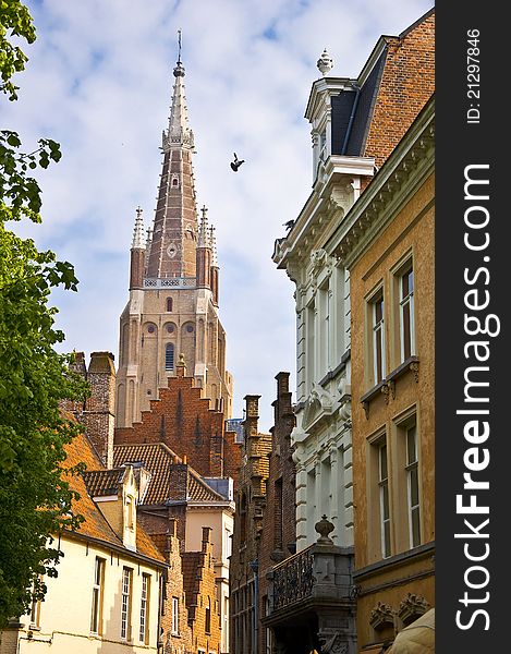 Bruges. Belgium. Classic urban environment of the medieval city. Summer urban landscape.