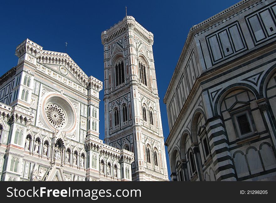 The white marble facade of the Duomo, Campanile and Baptistry in Florence, Italy
