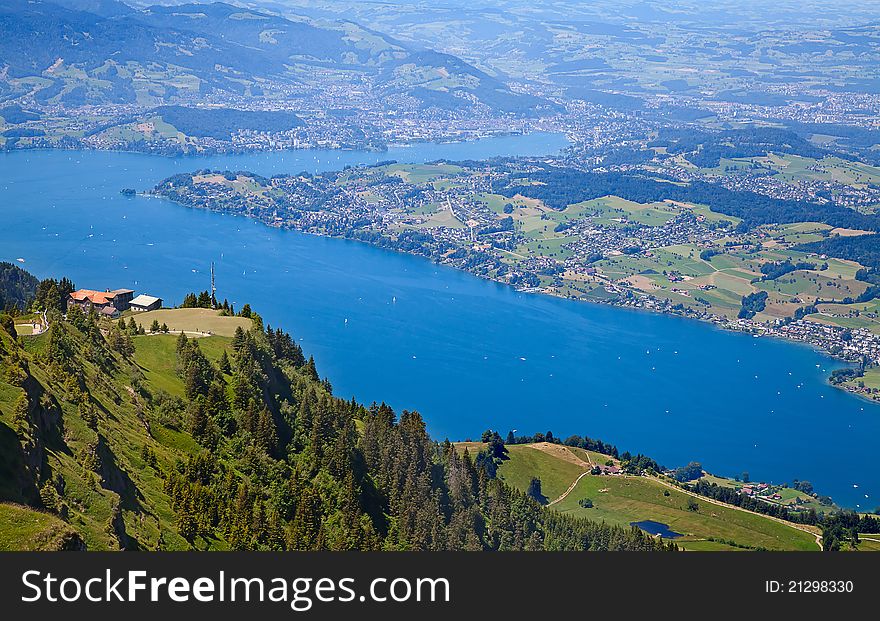 Aerial view of lake Luzern(Vierwalderstattersee) surrounded by montains