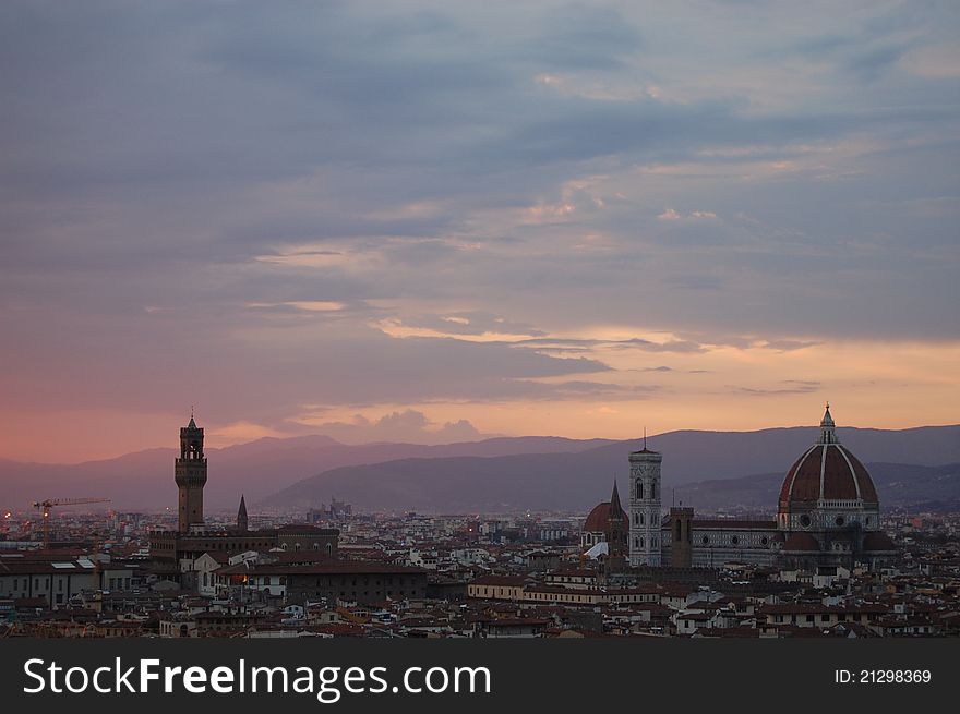 Sunset view from Piazzale Michelangelo across the Arno River and Florence. Sunset view from Piazzale Michelangelo across the Arno River and Florence