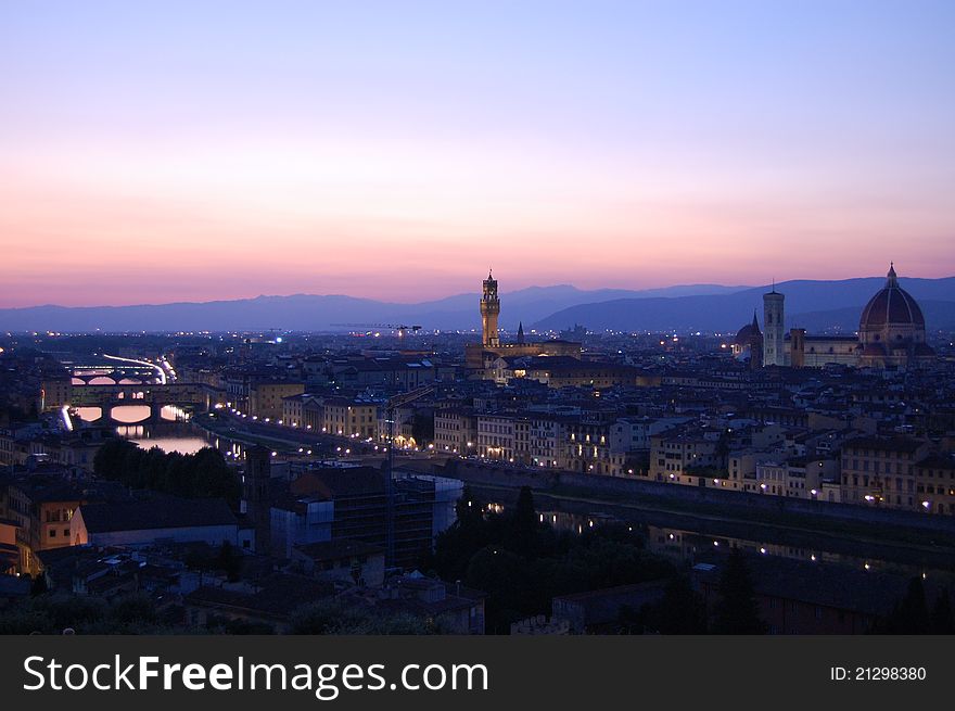 Sunset view from Piazzale Michelangelo across the Arno River and Florence. Sunset view from Piazzale Michelangelo across the Arno River and Florence