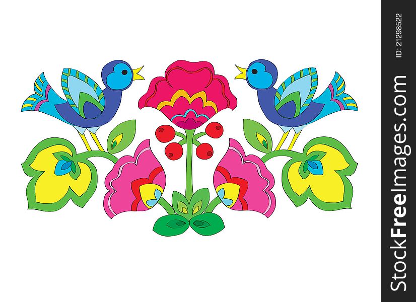 Color Flower Ornament With Birds.