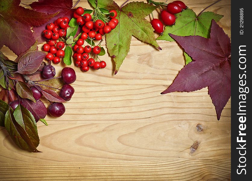 Autumn leaves decoration on wooden background