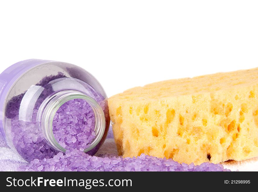 Violet bath salt on white background