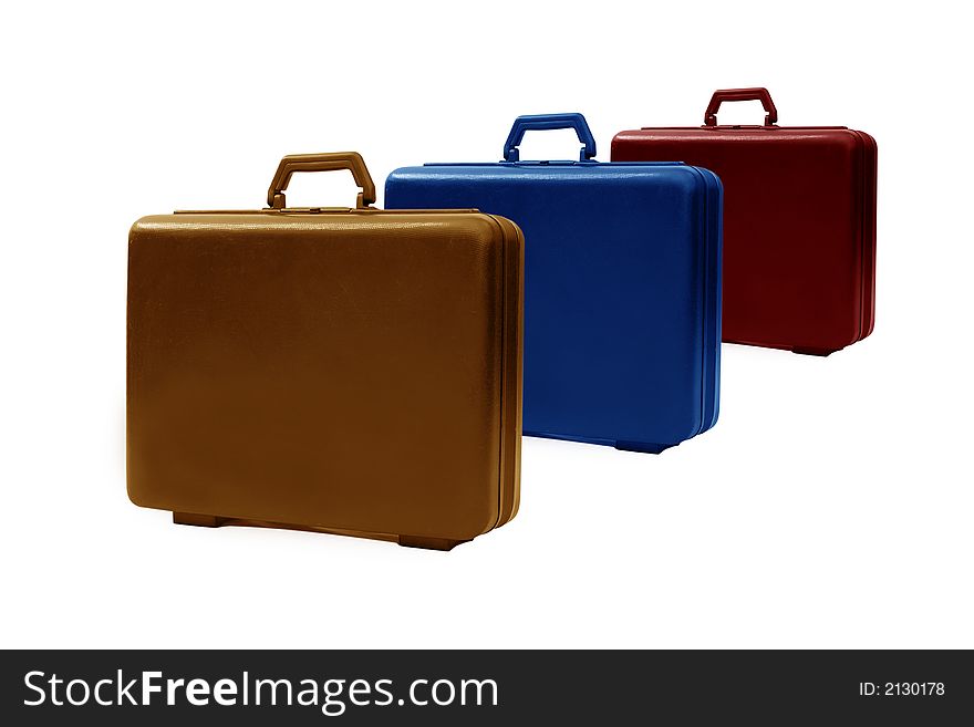 Multicolor modern business briefcase row isolated on white background