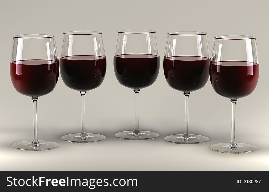 Five glass wine glasses filled with red wine stand on grey background. Five glass wine glasses filled with red wine stand on grey background