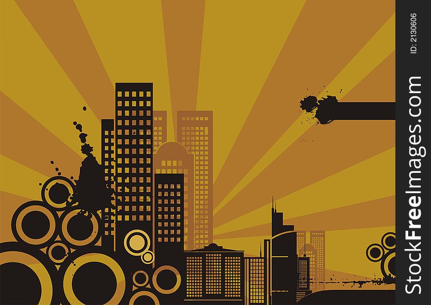 Vector background of a cityscape silhouette at sunset. Buildings are not photo-based, they have been originally created by the illustrator. Vector background of a cityscape silhouette at sunset. Buildings are not photo-based, they have been originally created by the illustrator.