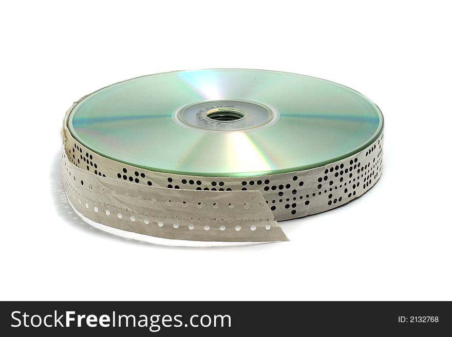 CD heap wraped with punched tape isolated over white background. CD heap wraped with punched tape isolated over white background