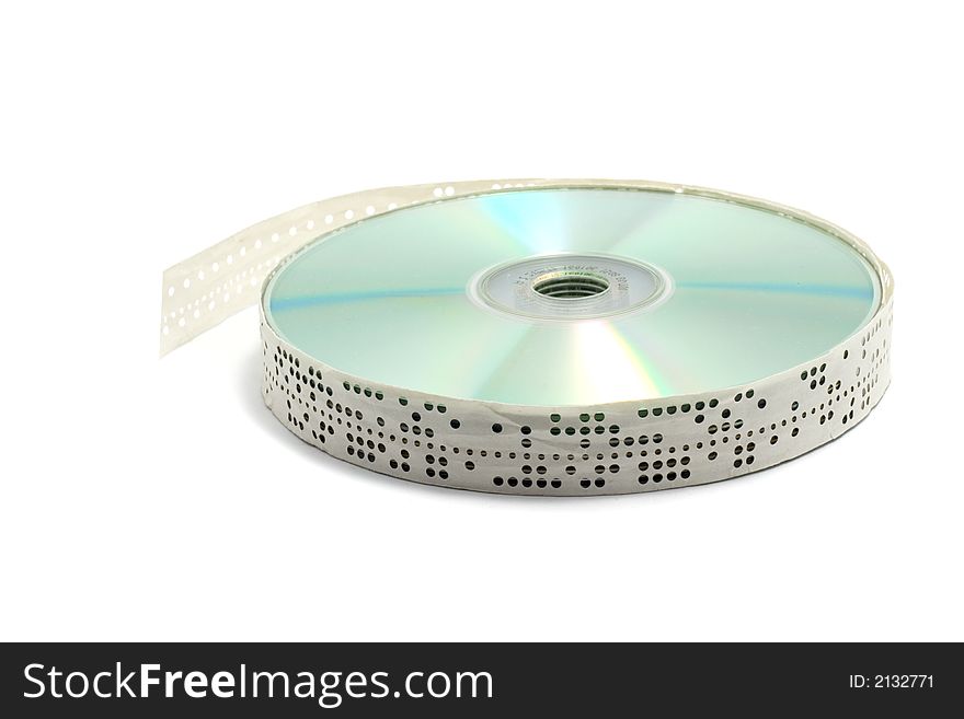 CD heap wraped with punched tape isolated over white background. CD heap wraped with punched tape isolated over white background