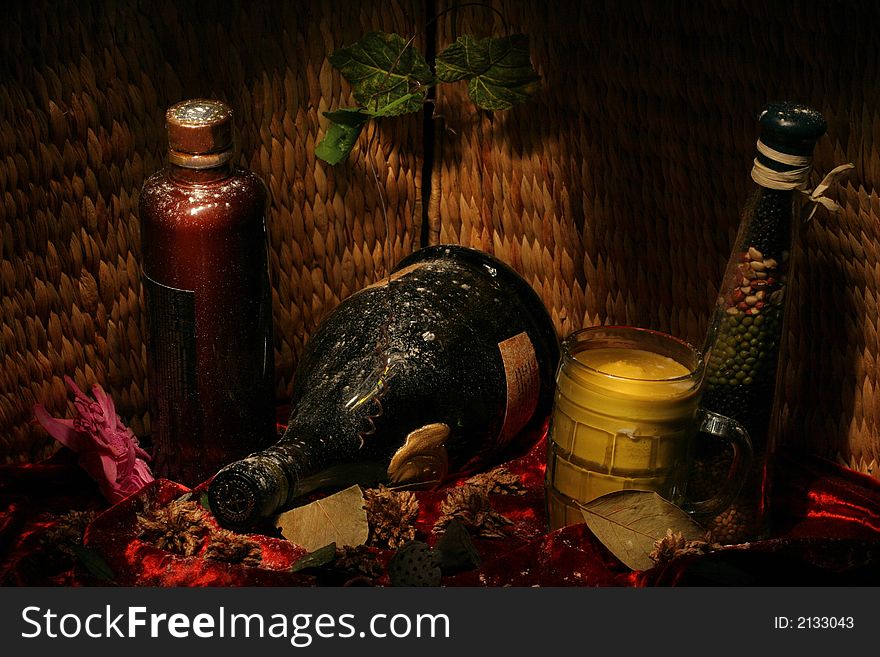 Old private cellar with wine and spices