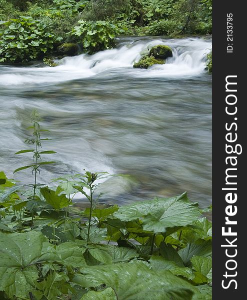 A stream or creek, is a body of water with a detectable current, confined within a bed and banks.