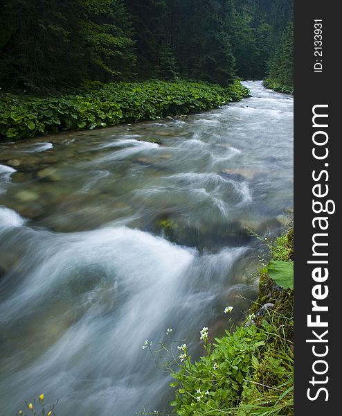 A stream or creek, is a body of water with a detectable current, confined within a bed and banks. A stream or creek, is a body of water with a detectable current, confined within a bed and banks.