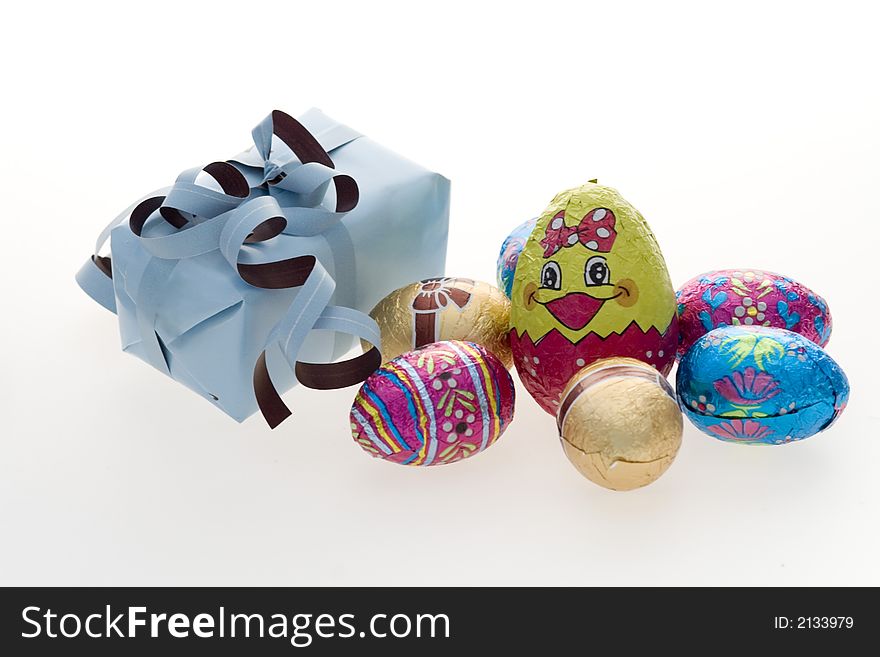 Present and  Decorated easter Eggs