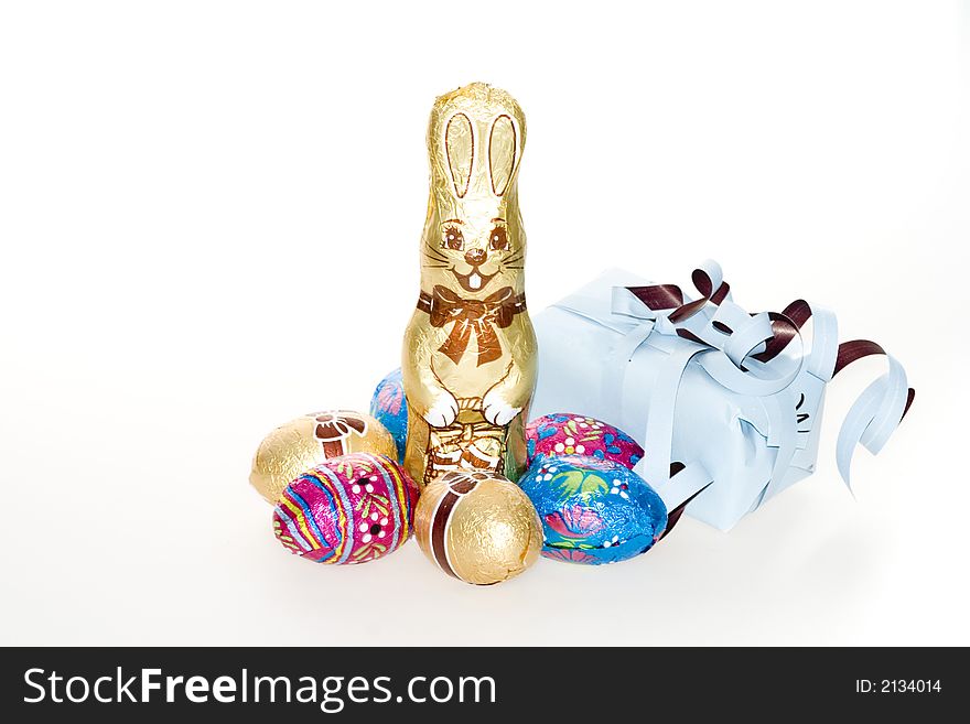 Easter Bunny , present and  Decorated easter Eggs