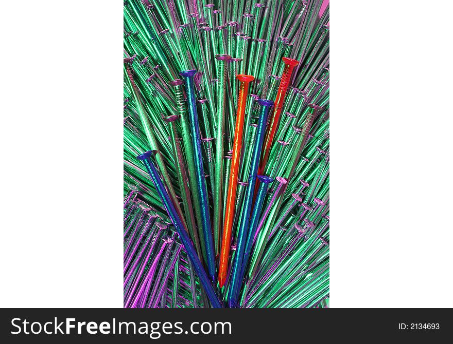 Arrangement of nails of different length, some painted,most of them reflecting colored light. Arrangement of nails of different length, some painted,most of them reflecting colored light.