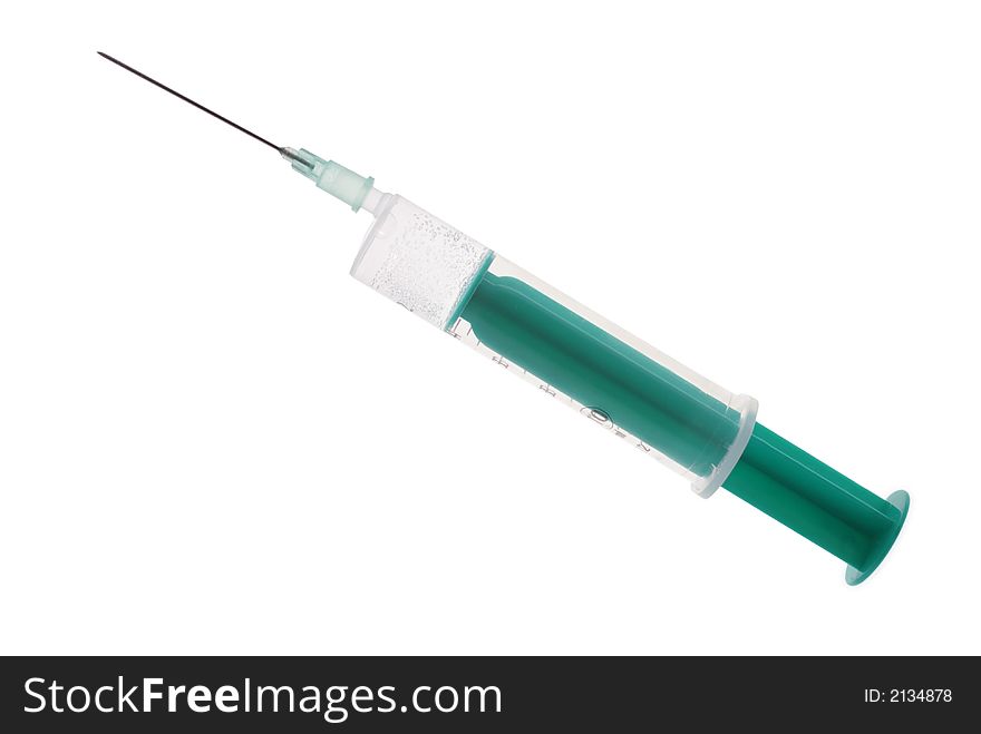 Green syringe  with vaccine isolated on white background. Green syringe  with vaccine isolated on white background