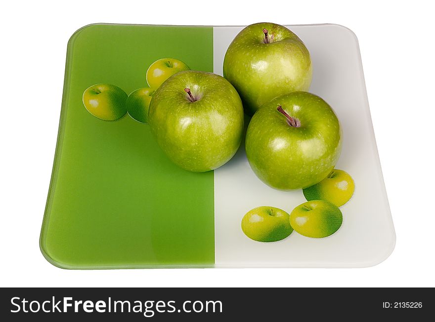 Green and fresh apples on a white background