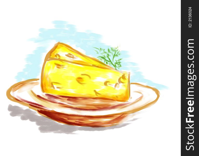 Cheese on a plate. Painting in water-colours