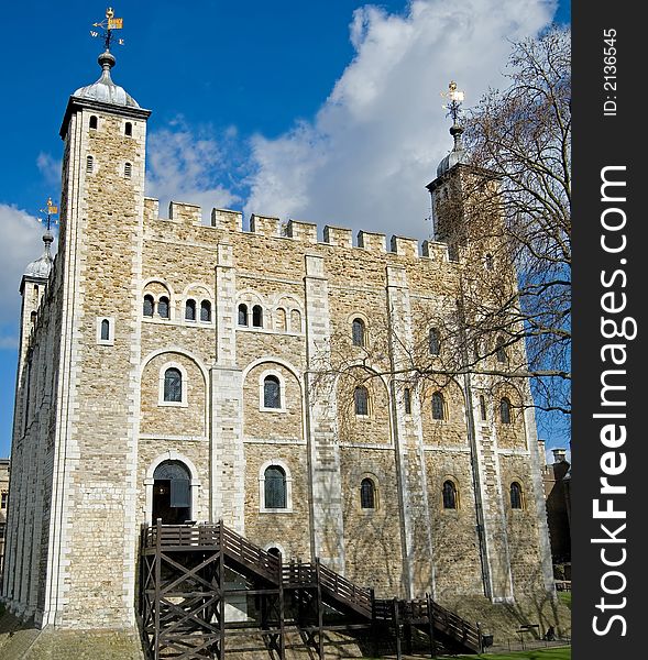 The ancient White Tower, in the center of the Tower of London, London, England.