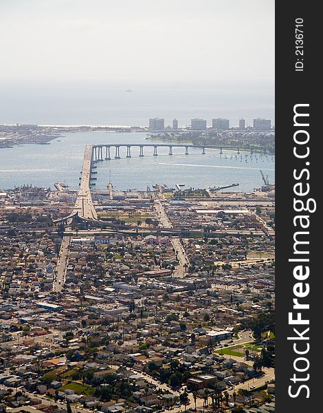 A high altitude view of San Diego and the Coronado Bridge.
