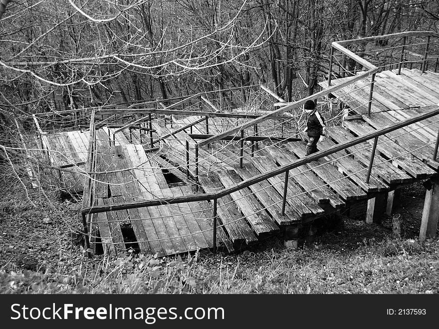 The wooden stairs with boy in spring park