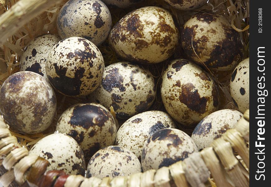 The image of a basket with eggs of a female quail. The image of a basket with eggs of a female quail