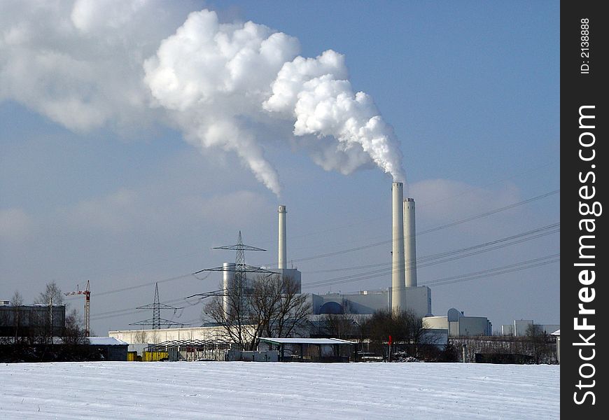 A power station in winter, full power. A power station in winter, full power.