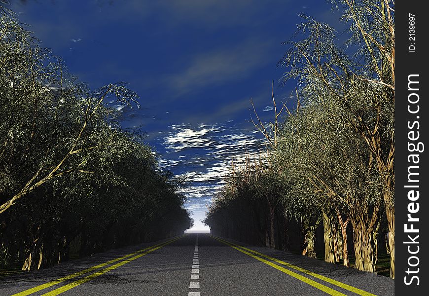 Highway with dense vegetation on a roadside - leaving in a distance (the contrast sky)