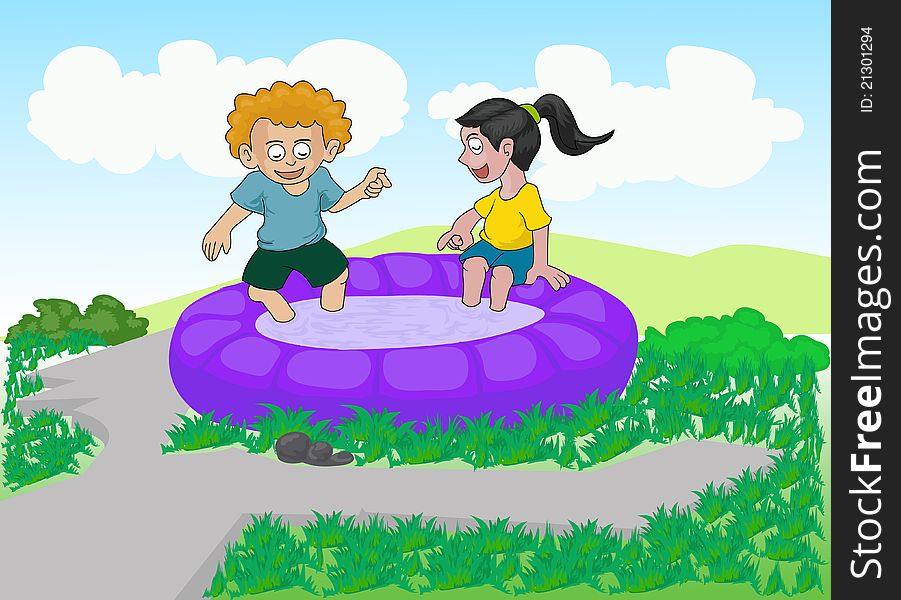 Illustration of couple children playing water under suny day