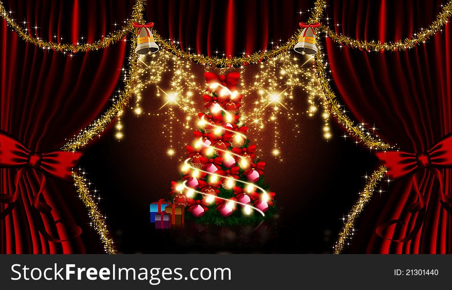 Christmas tree with decoration on the stage. Christmas tree with decoration on the stage