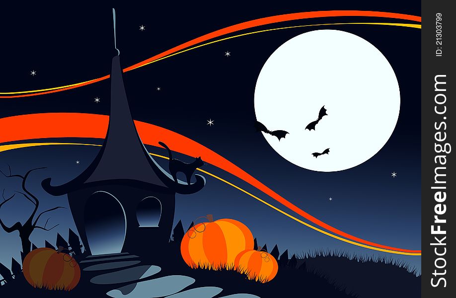 Halloween background with haunted house and bats