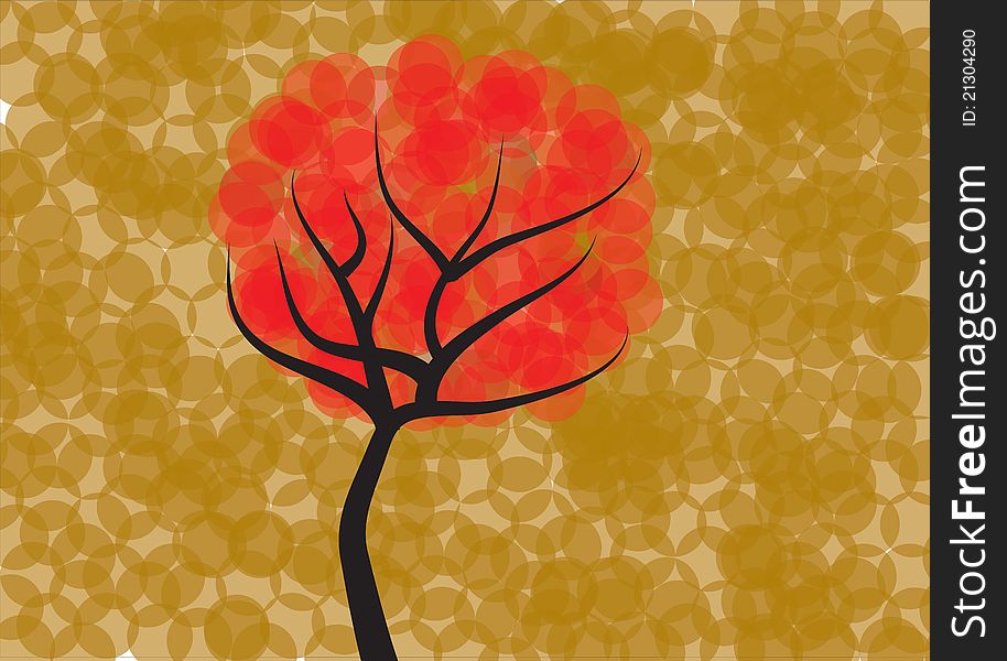 An autumn tree, red on brown background.