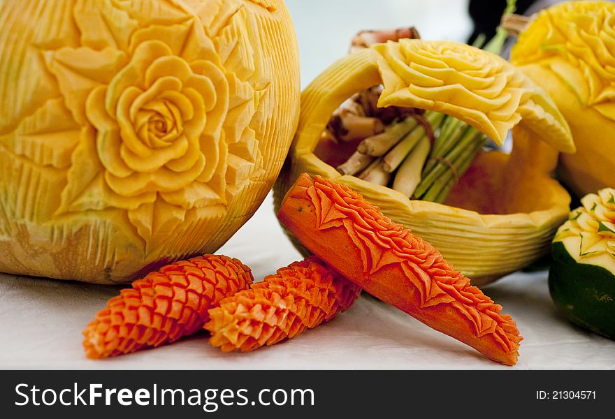 Beautifully carved pumkins with Thai food ingredients in the background