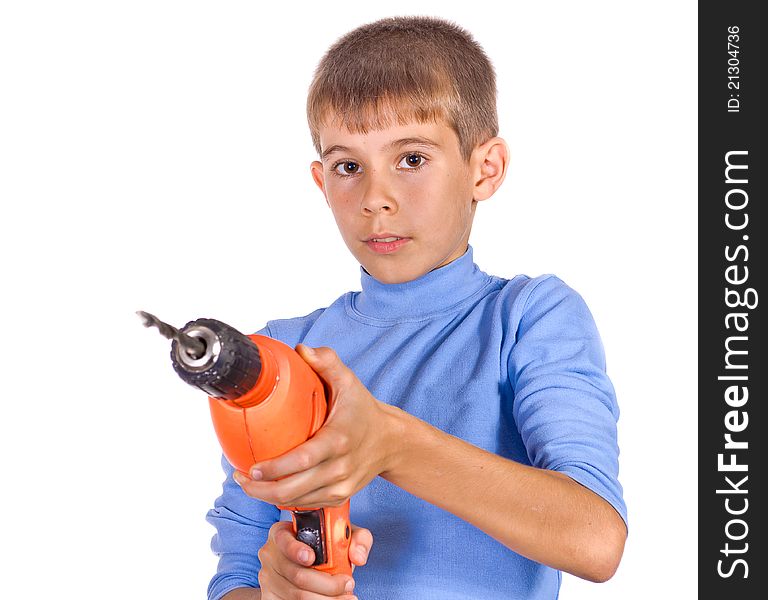 Boy with a drill. Isolated on white background