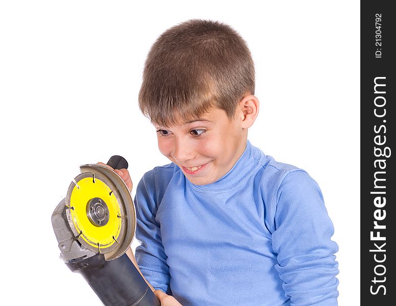 Boy with a grinder. Isolated on white background