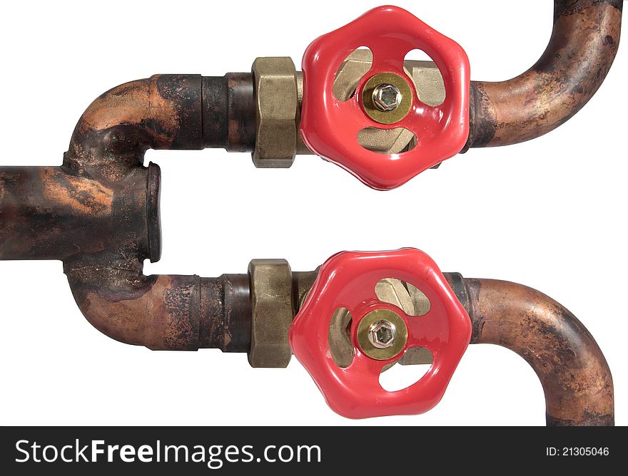 Red valves on copper pipes