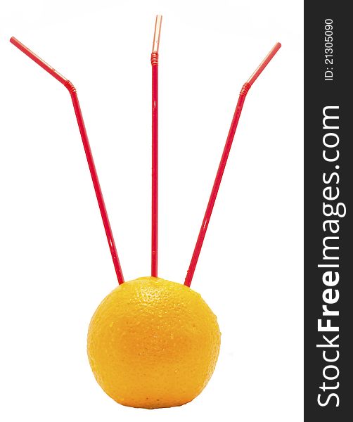 Fresh orange half with a straw on a white background. Fresh orange half with a straw on a white background