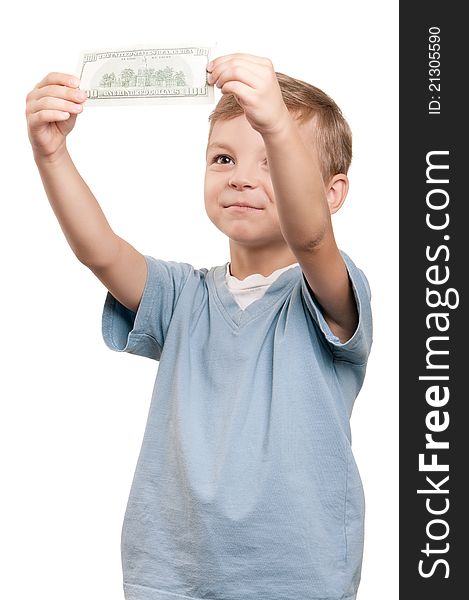 Portrait of a happy little boy with a dollars over white background. Portrait of a happy little boy with a dollars over white background