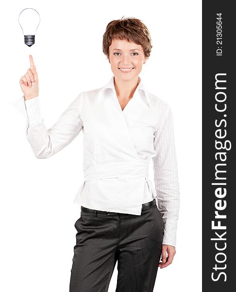 Beautiful businesswoman pointing at light bulb, isolated on white background