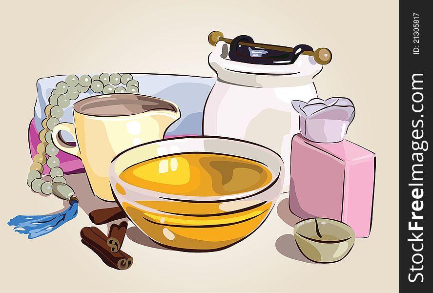 Spa. honey and candles. Still life. vector illustration