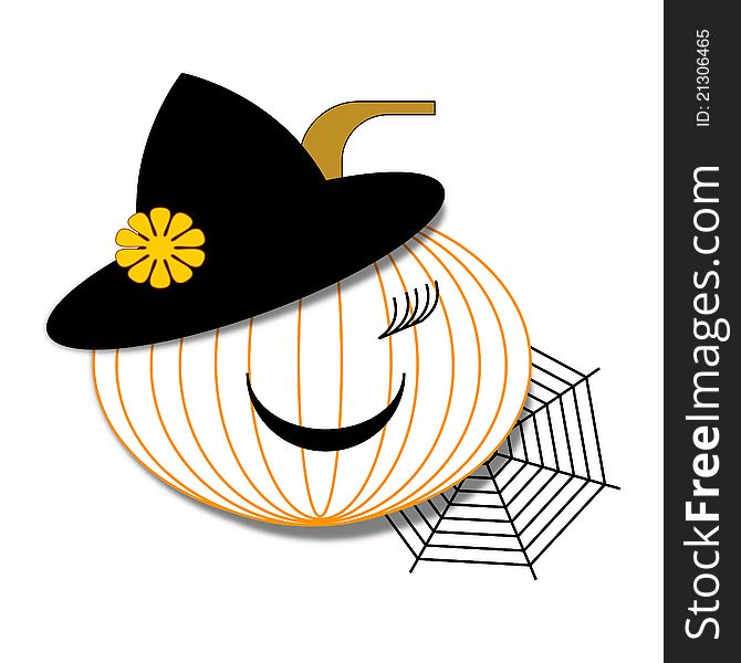 Pumpkin wearing a witch's hat beside a spider web. Pumpkin wearing a witch's hat beside a spider web.