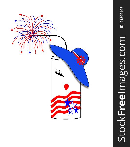 Firecracker decorated with a girl's face, stars and stripes, and a summer hat. Firecracker decorated with a girl's face, stars and stripes, and a summer hat.