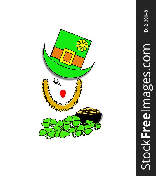 Girl's face wearing a lepricon's beard and hat over a pot of gold in a bed of shamrocks. Girl's face wearing a lepricon's beard and hat over a pot of gold in a bed of shamrocks.
