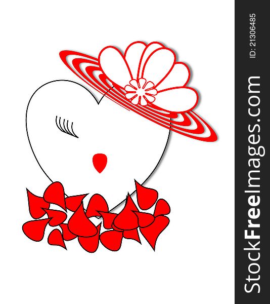 Girl's face on a heart wearing a red hat on a bed of red rose petals. Girl's face on a heart wearing a red hat on a bed of red rose petals.