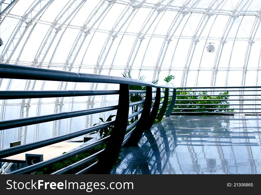Modern building with glass roof interior