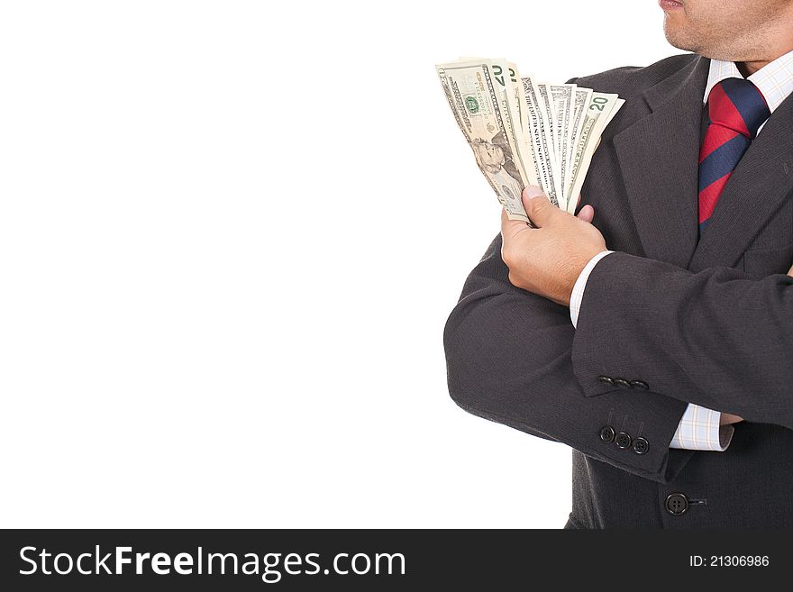 Young executive businessman holding a lot of dollar bills