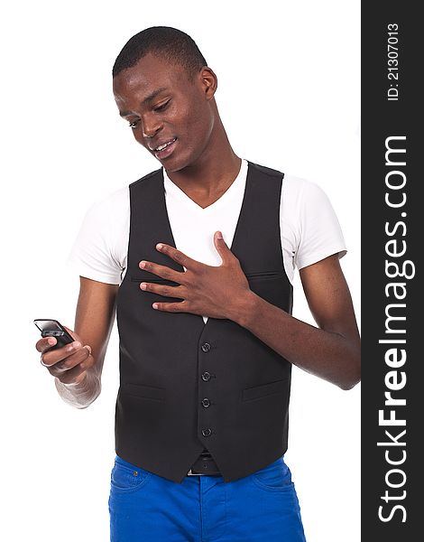 Young and black handsome boy calling on cellphone, isolated on white background. Young and black handsome boy calling on cellphone, isolated on white background